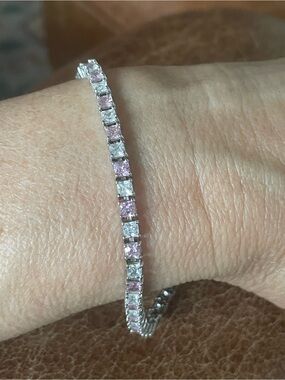 Elegant Princess Cut Pink & Clear CZ  Sterling Silver 925 Tennis Bracelet 7 inch